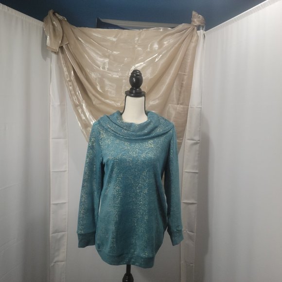 d & co, Denim and Company, aqua green with flecks of gold, small sweat shirt - Picture 1 of 4